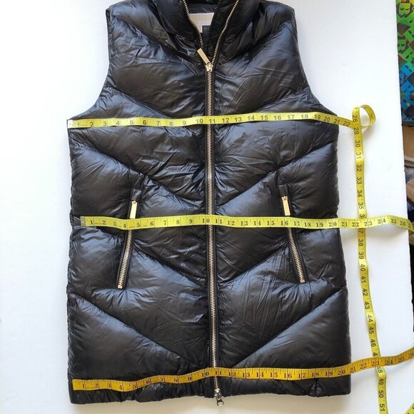 MICHAEL KORS Black Quilted Puffer Hoodie Vest Long Tunic Length high neck Gold S - Picture 16 of 16